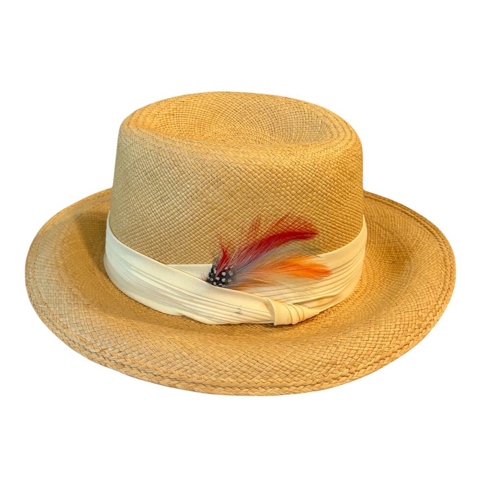 Vintage Styled By Coralie Cream Straw Hat Feather embellished Gambler Fedora